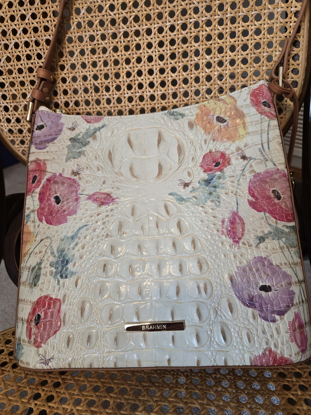Brahmin Cream Floral Emboss Ied Croc-Texture Crossbody with Tan Strap - Picture 2 of 7